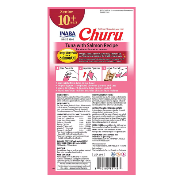 Inaba Churu For Senior Cat Tuna With Salmon Recipe - 4PCS/PK - 56g