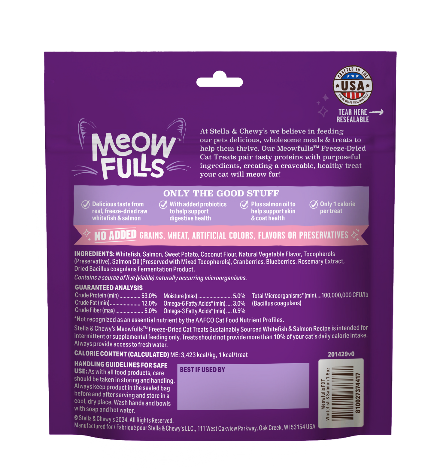 Stella & Chewys Meowfulls Freeze Dried Cat Treats Whitefish & Salmon Recipe - 1.5 oz