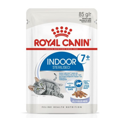 Royal Canin Indoor 7 Cat Jelly Wet Food 12x85g Pouches available at PetCentral Qatar