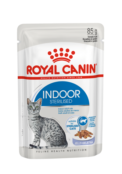 Royal Canin Indoor Cat Jelly Wet Food 12x85g Pouches available at PetCentral Qatar