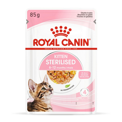 Royal Canin Kitten Sterilised Gravy Wet Food 12x85g Pouches available at PetCentral Qatar